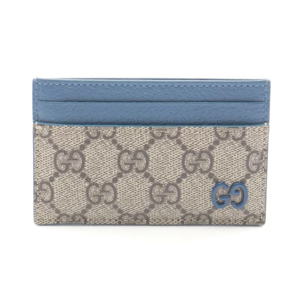 Gucci GG Supreme Card Case Wallet Leather Beige Cream Blue